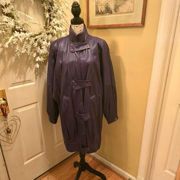 VINTAGE 80'S PURPLE COCOON LEATHER JACKET - Picture 1 of 8